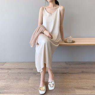 Spaghetti Strap Satin Midi Shift Dress Black