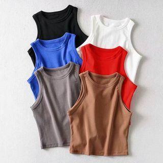 Crew Neck Plain Crop Tank Top Red