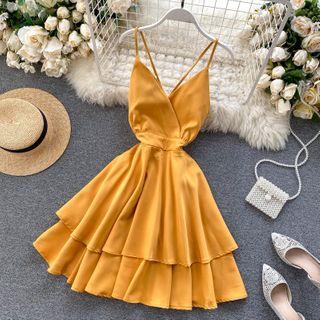 Spaghetti Strap Cowl-Neck Open Back Tiered A-Line Dress White
