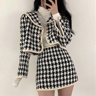 Houndstooth Cropped Jacket High-Waist Mini A-Line Skirt Skirt - Black & White - S=