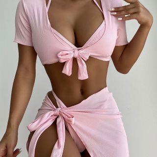 Set: Halter-Neck Bikini + Wrap Swim Skirt + Short-Sleeve Cover Up - Bikini & Skirt & Cover Up - Pink