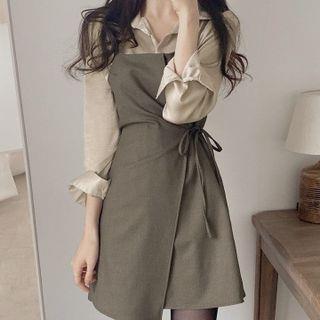 Plain Shirt Wrap Mini Overall Dress Dress - Dark Khaki
