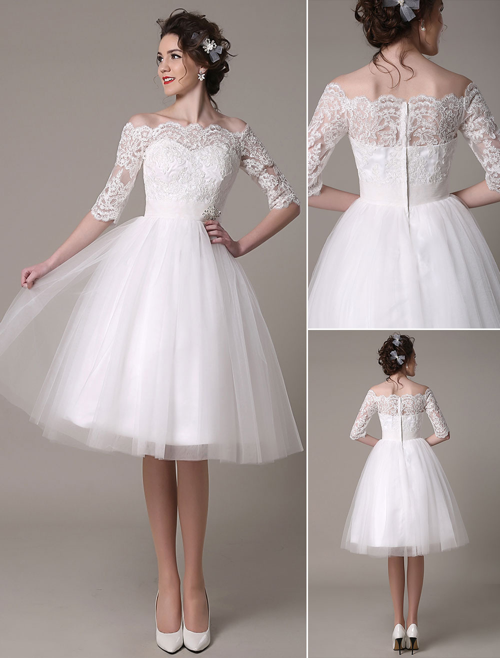 Lace Wedding Dresses Short Off The Shoulder A Line Knee Length Waist Rhinestone Bridal Dress
