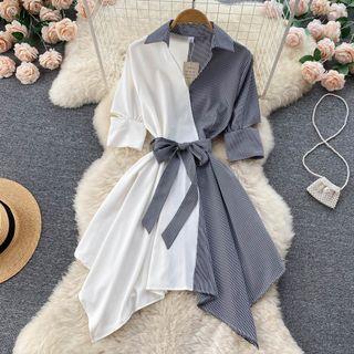 Short-Sleeve Two-Tone A-Line Dress White