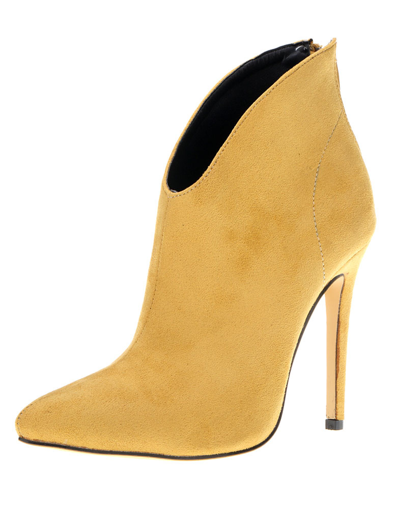 Yellow Ankle Boots Suede High Heel Pointed Toe Zipper Booties For Women
