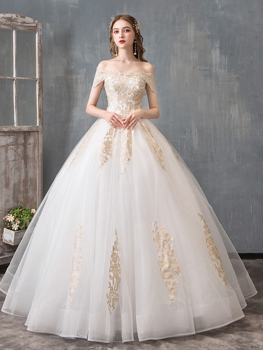 Wedding Dresses Ball Gown Off Shoulder Golden Lace Appliqued Floor Length Bridal Dress