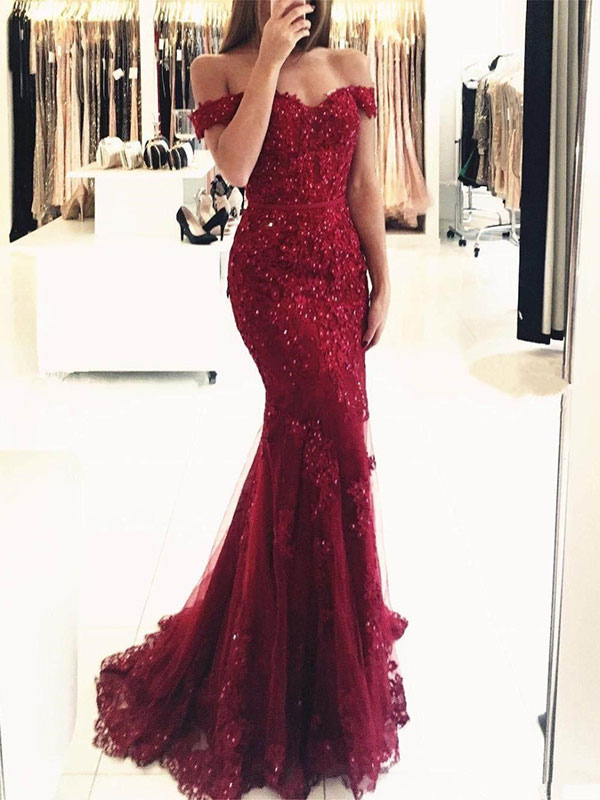 Evening Dress Mermaid Off The Shoulder Lace Tulle Formal Party Dresses
