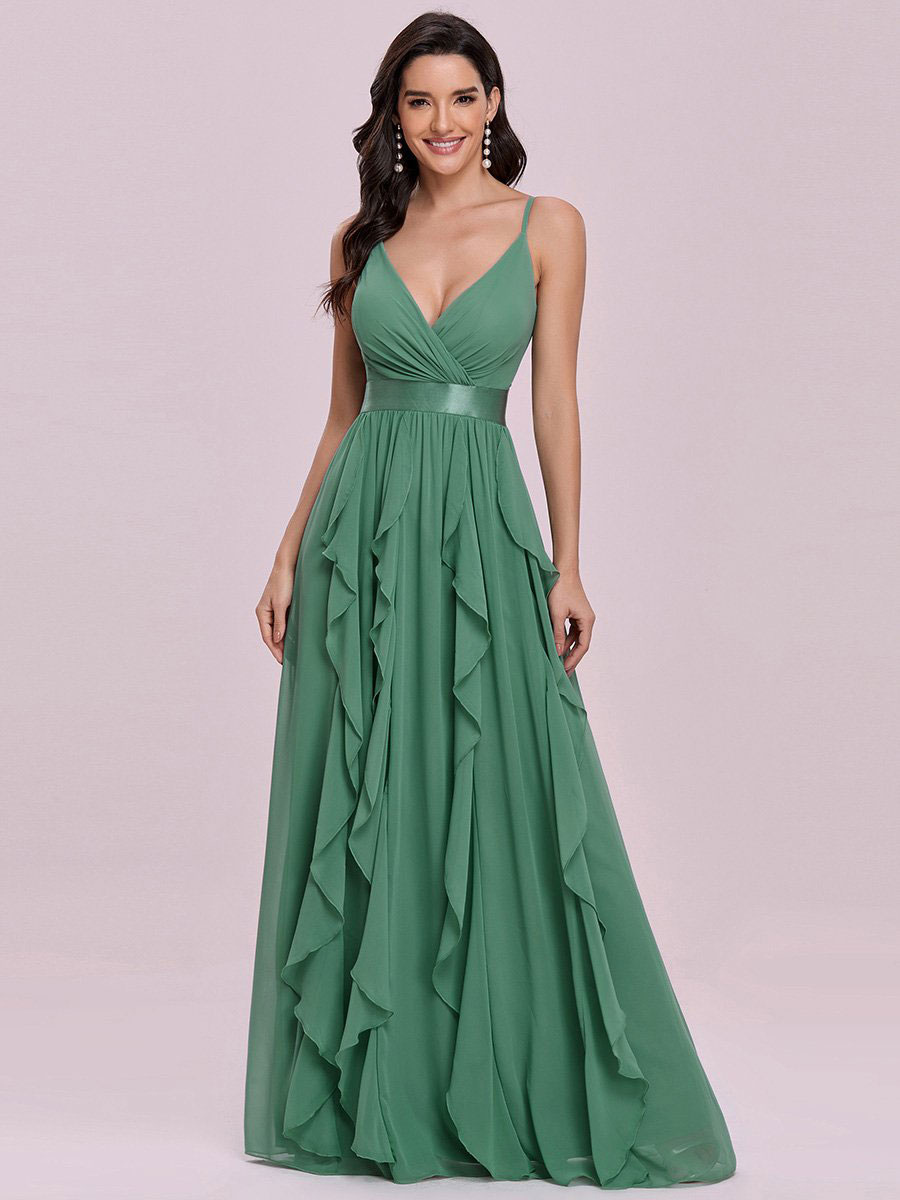 Green Prom Dress A-Line V-Neck Sleeveless Backless Sash Floor Length Chiffon Wedding Guest Dresses