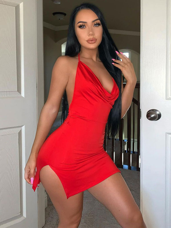 Club Dress Halter Neck Split Front Sleeveless Lycra Spandex Stretch Red Sexy Dress