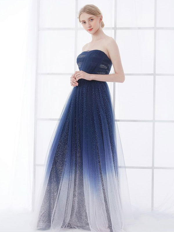 Navy Blue Wedding Dress Strapless Sleeveless Lace Up Natural Waist Floor Length Lace Tulle A Line Bridal Gowns