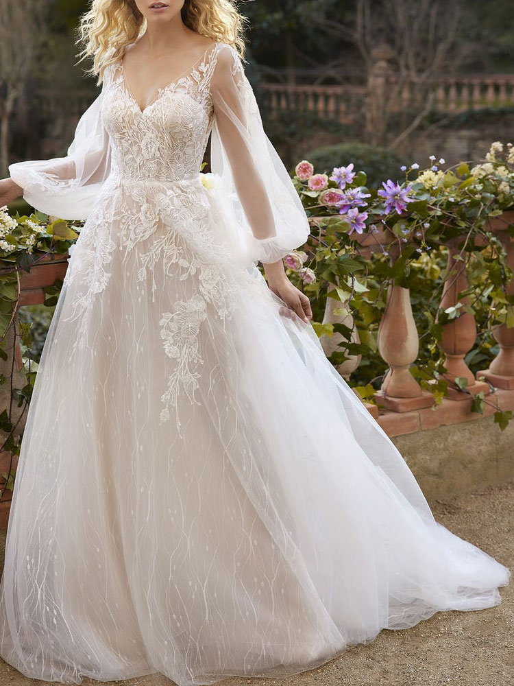 Ivory Boho Wedding Dress With Train A-Line Long Sleeves V-Neck Backless Lace Bridal Gowns Free Customization
