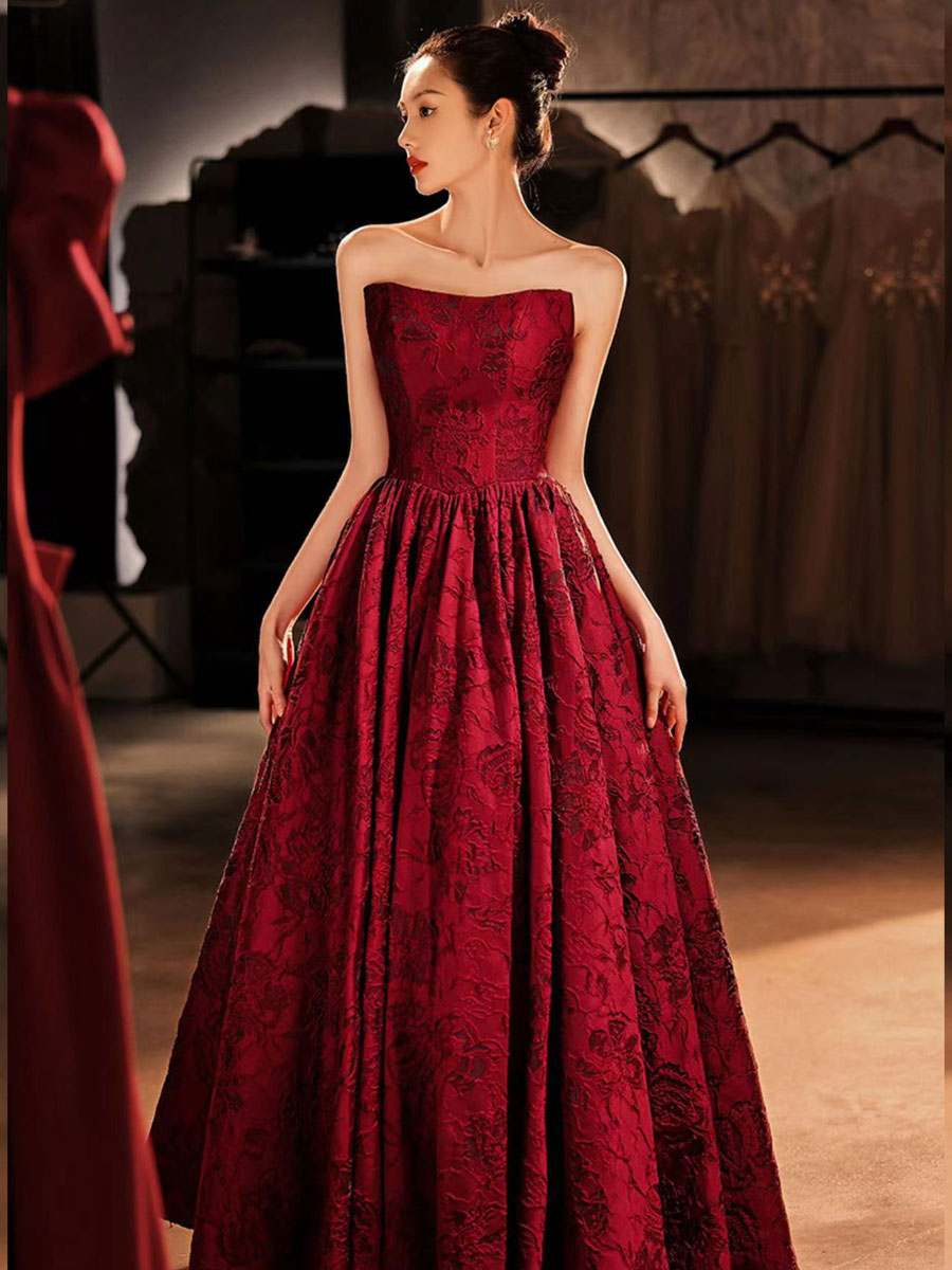 Prom Dress A-Line Strapless Jacquard Floor-Length Embroidered Pageant Dresses Free Customization