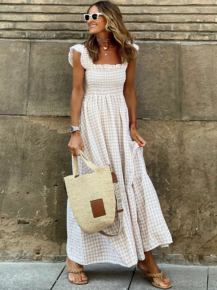 Gingham Maxi Dress for Women - Smocked Tiered Ruffle Strap Sundress - Summer Picnic Beach Vacation
