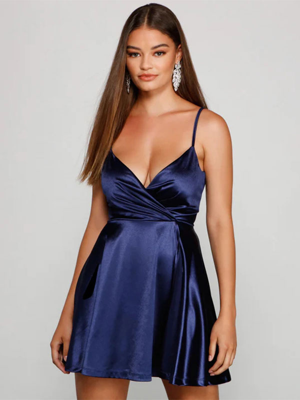 Homecoming Dress Short A-Line V-Neck Satin Party Dress Free Customization