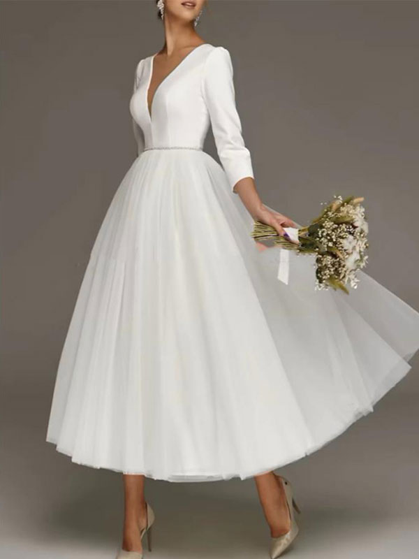 Short Wedding Dress Tea-Length V-Neck Length Sleeves A-Line Satin Fabric Bridal Dresses Free Customization