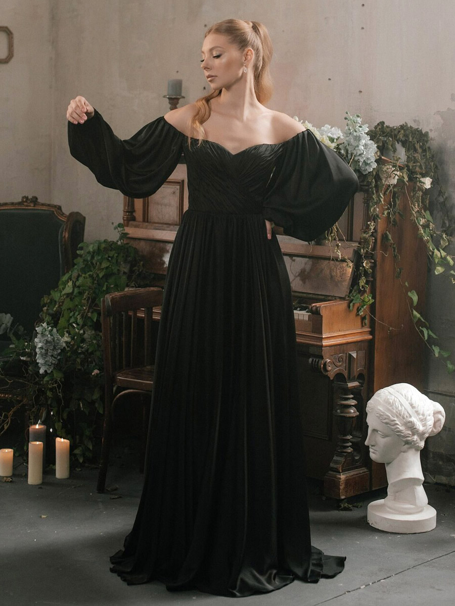 Black Wedding Dresses Satin Fabric A-Line Long Sleeves Natural Waist Pleated Court Train Bridal Dress