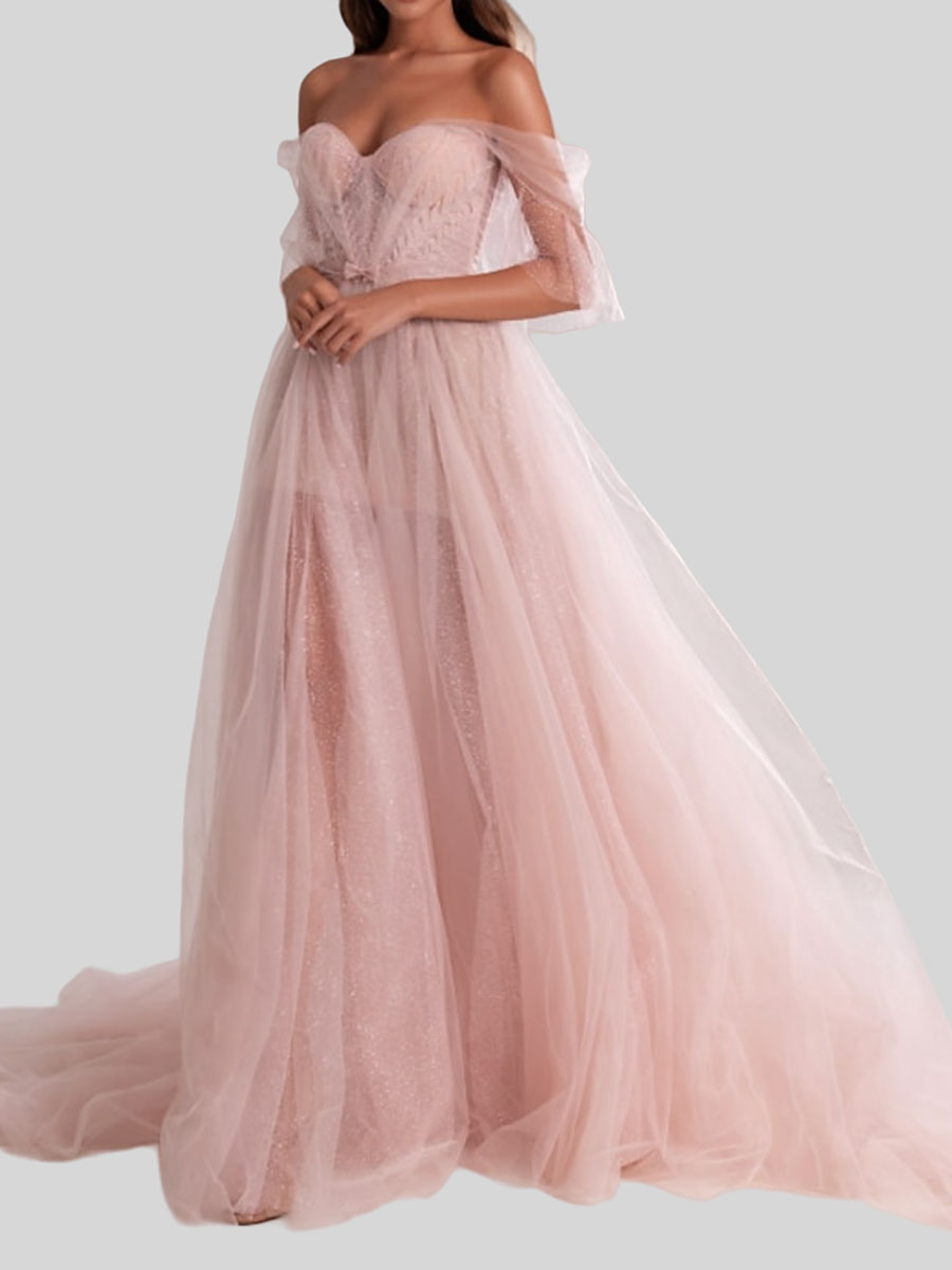 Evening Dress A-Line Strapless Tulle With Train Bows Social Party Dresses