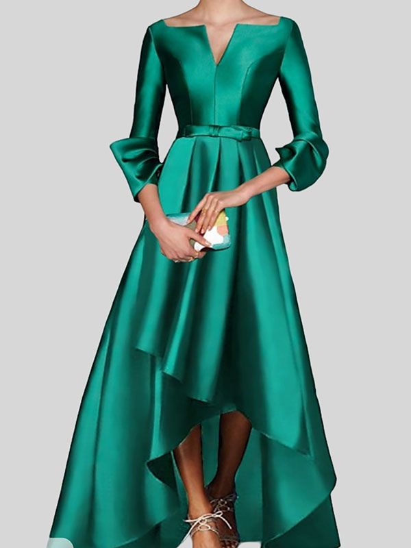 Evening Dress A-Line V-Neck Length Sleeves Zipper Pleated Satin Fabric Social Pageant Dresses