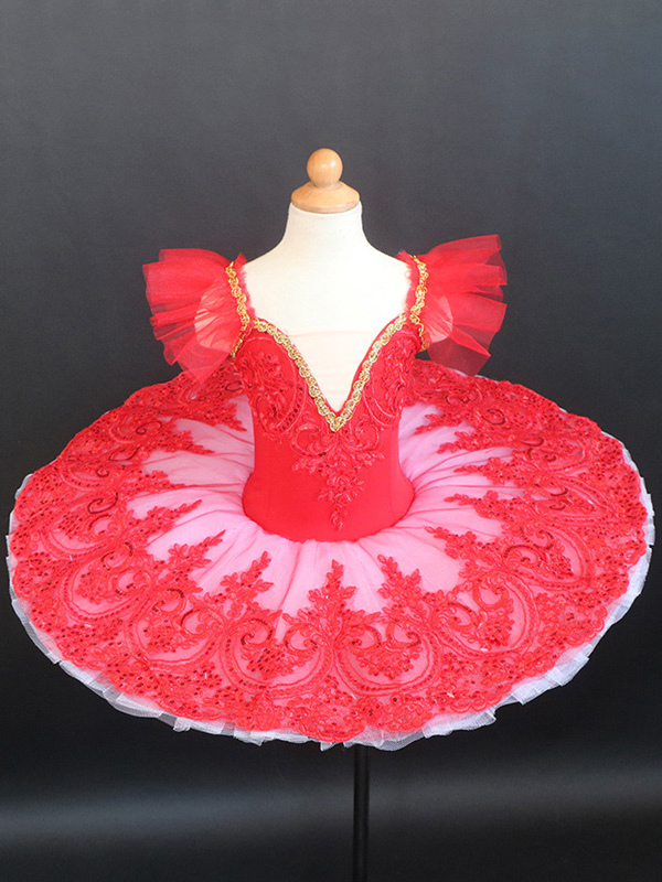 Ballet Dress Red Women's Adult's Ballerina Sequins Lace Lace Polyester Dress Set Performance Wear
