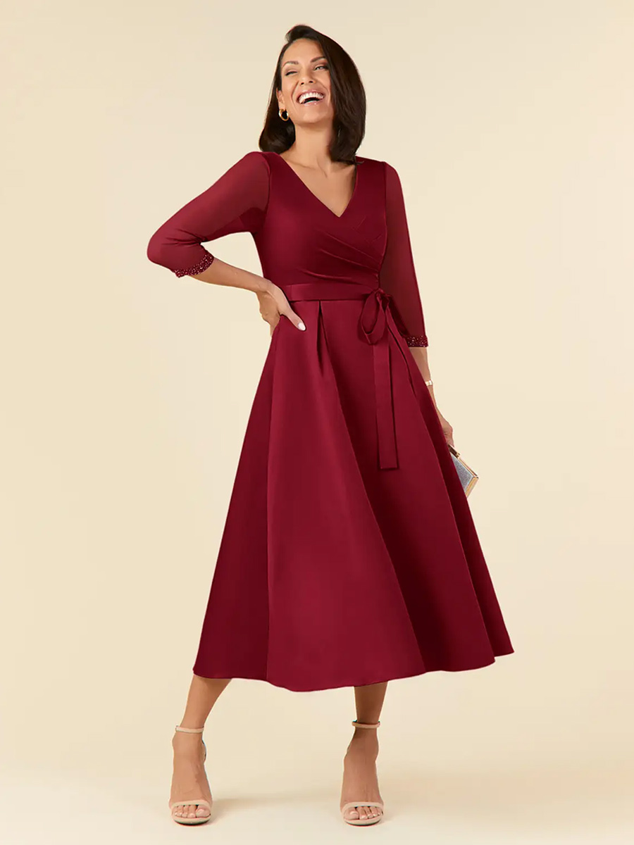 Bridal Mother Dress V-Neck Half Sleeves A-Line Sash Tea-Length Wedding Guest Dresses