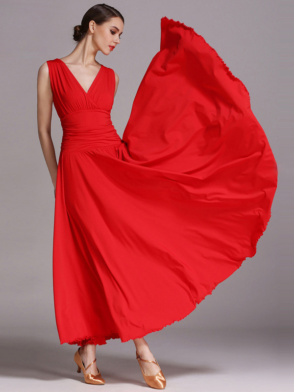 Ballroom Dance Costumes Black Women's Elegant V-Neck Polyester Dress Pleated Layered Dance Dress
