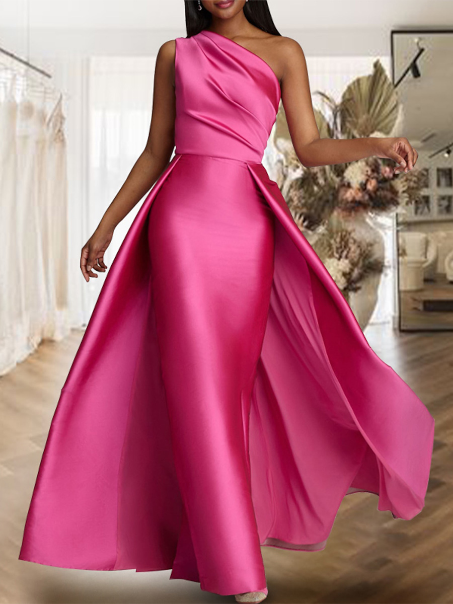 Evening Dress A-Line One-Shoulder Satin Fabric Floor-Length Pleated Formal Dinner Dresses