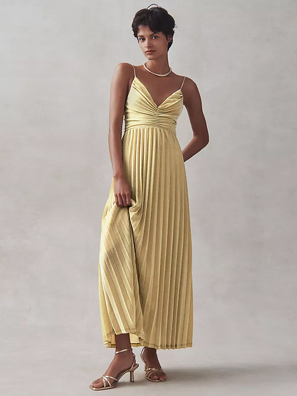 Evening Dress Dropped V-Neck Polyester Ankle-Length Pleated Social Party Dresses