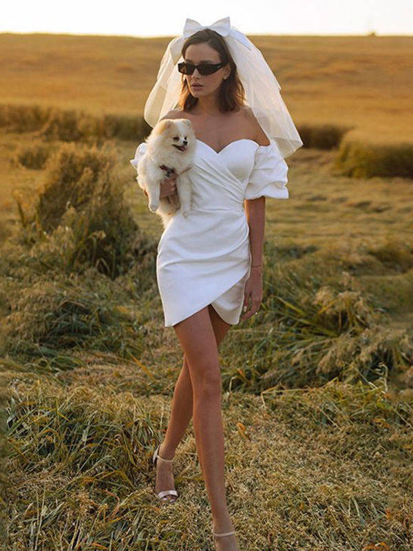 Bridal Mini Dress Short Wedding Dresses Short Bateau Neck Short Sleeves Ball Gown Stretch Crepe Bridal Gowns