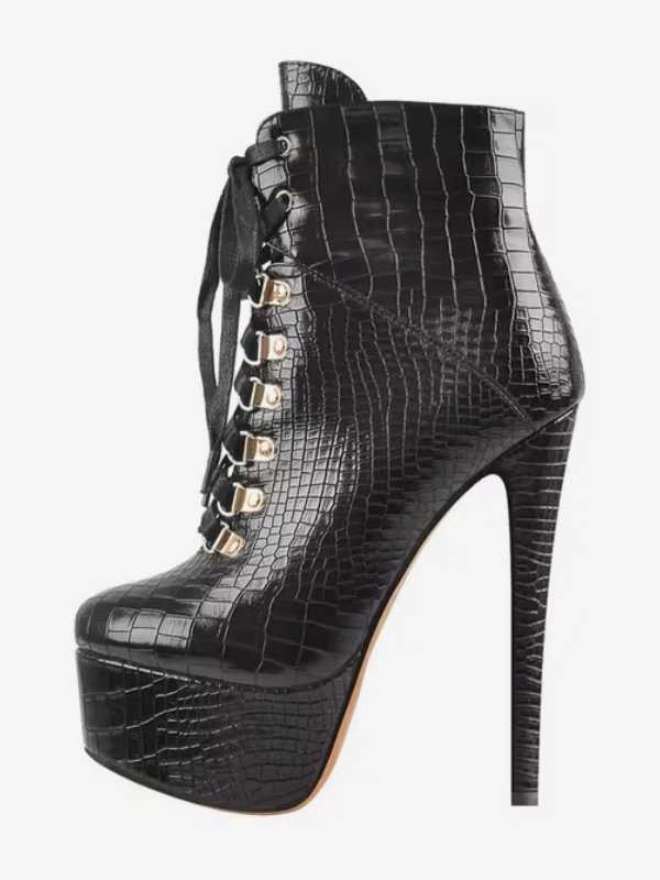 Black Lace Up Ankle Boots Metal Details Booties PU Leather Round Toe Stiletto Heel