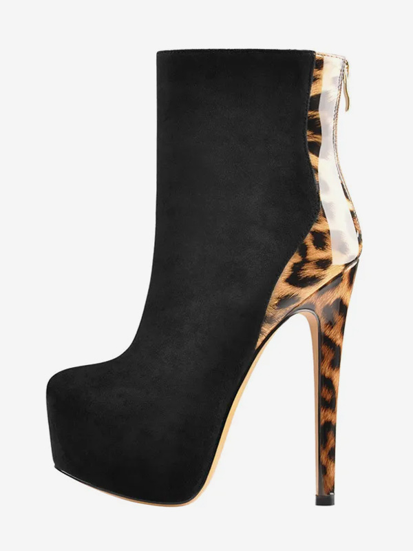 Women Ankle Boots Leopard Zipper Booties PU Leather Round Toe Stiletto Heel