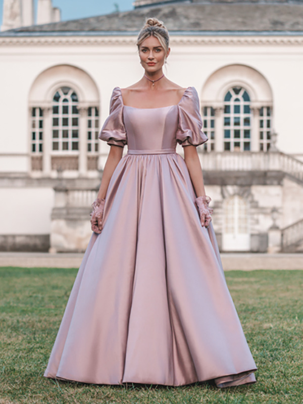 Evening Dress Princess Silhouette Square Neck Satin Fabric Floor-Length Buttons Social Party Dresses