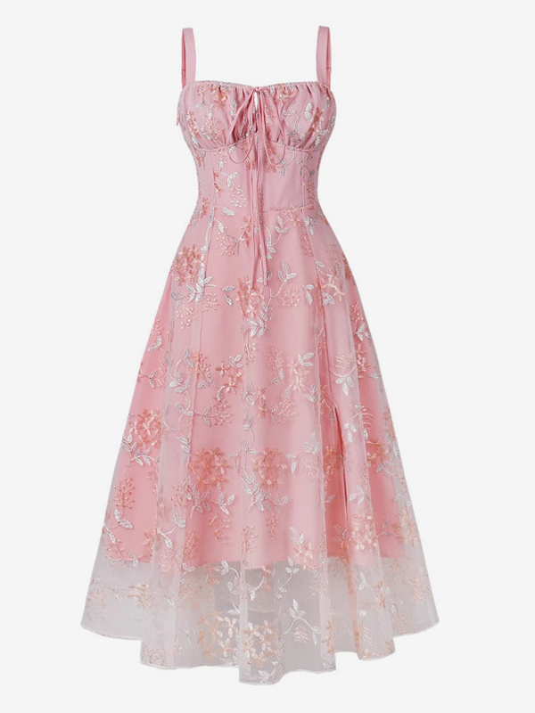 Pink Embroidered Retro Dress A-line s Style Midi Swing Dress For Women