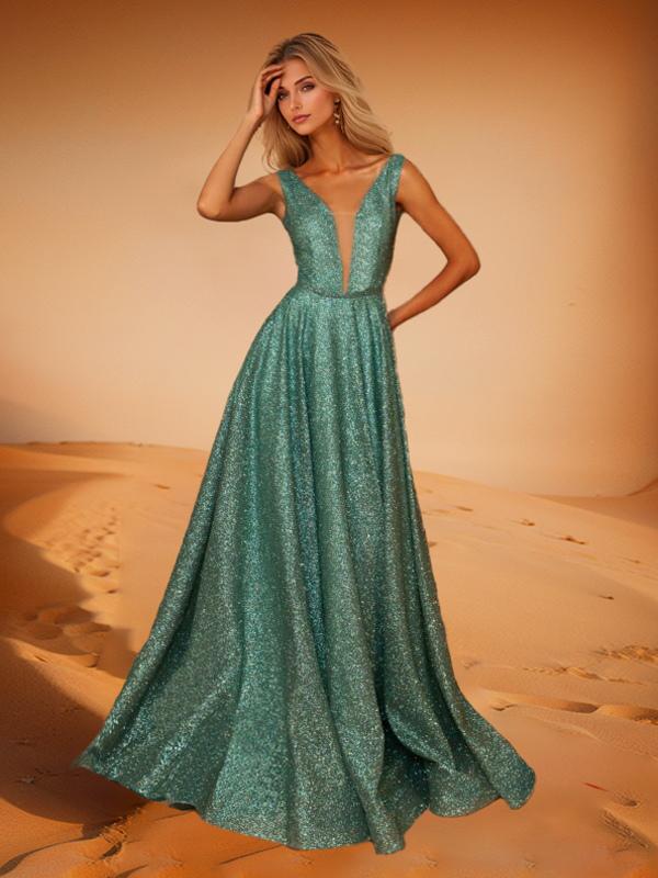Evening Dress A-Line V-Neck Polyester With Train Formal Dinner Dresses