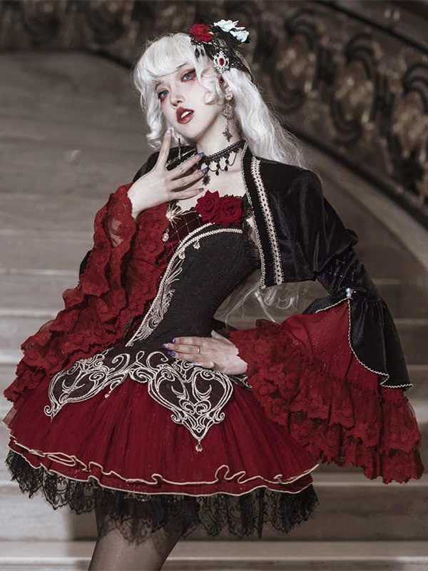 Gothic Lolita Dresses Lace Rose Floral Print Burgundy Black & Red Lolita Dress