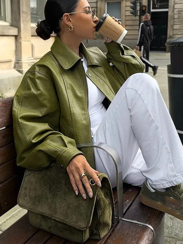 Faux Leather Bomber Jacket In Green Turndown Collar Spring Outerwear For Women