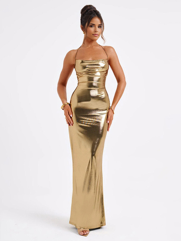 Metallic Gold Maxi Dress With Open Back Party Bodycon Halter Dress Dress For Women