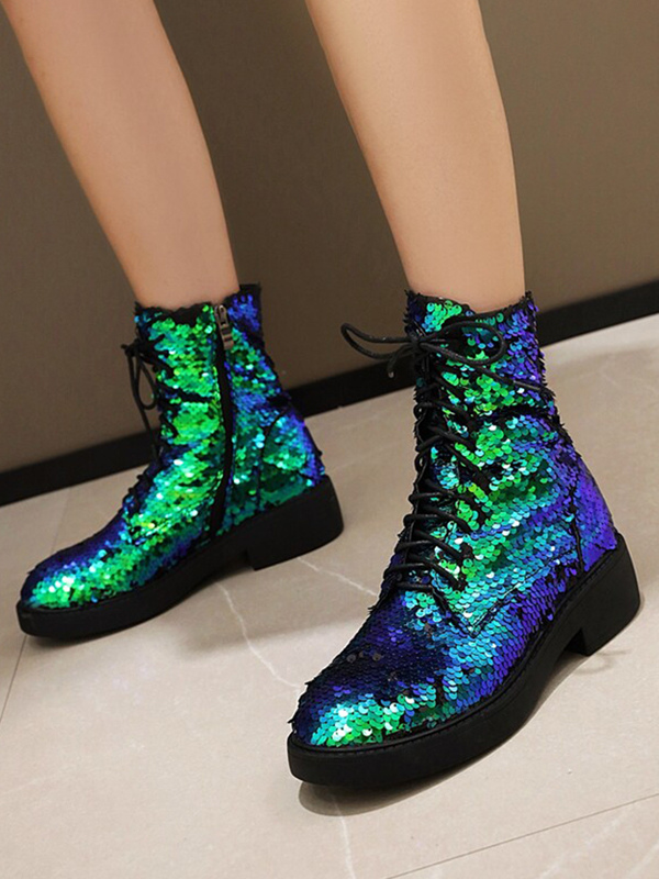 Sequined Ankle Boots Flat Round Toe Lace Up Booties For Women