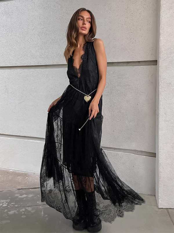 Eyelash Trim Lace Maxi Dress for Women - Sexy Deep V Neck Sleeveless Sheer Tiered Sundress - Summer Beach Party