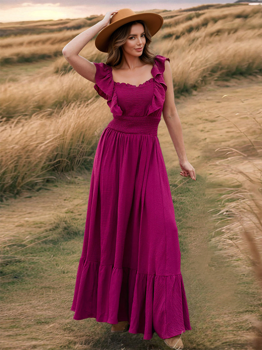 Smocked Waist Maxi Boho Dress for Women - Flutter Sleeve Square Neck Tiered Ruffle Flowy Gown - Summer Beach Sundress