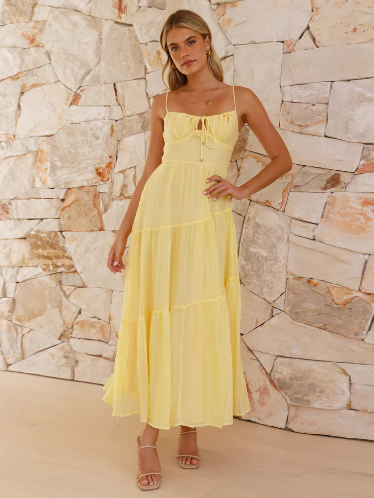 Tiered Maxi Sundress for Women - Ruched Bust Tie Front A Line Long Slip Dress - Summer Beach Wedding Guest