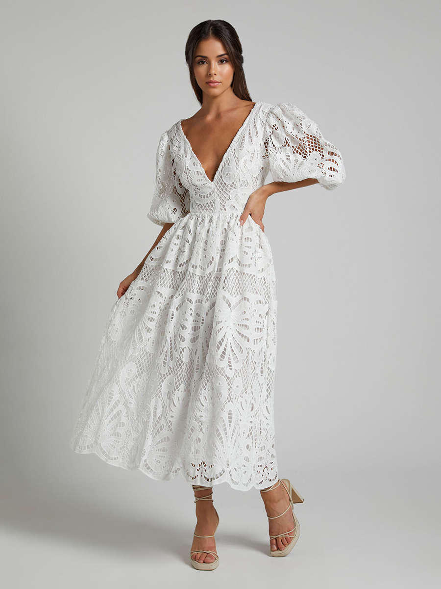 Eyelet Lace Long Tea Dress for Women - Deep V Neck Puff Sleeve A Line Prom Gown - Summer Wedding Guest