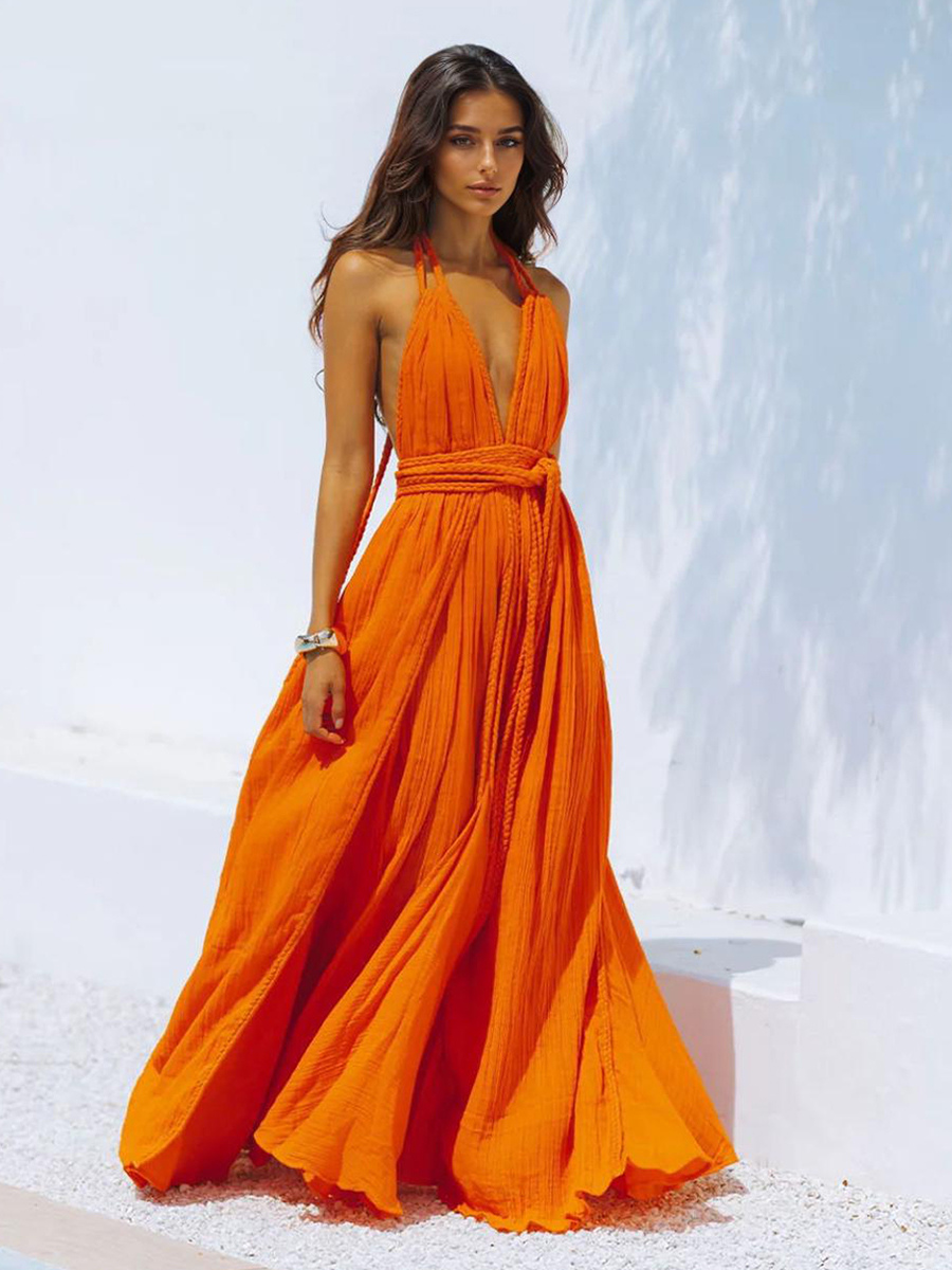 Boho Backless Maxi Dress for Women - Sexy Deep V Neck Halter Wrap Tie Waist Flowy Gown - Summer Beach Resort