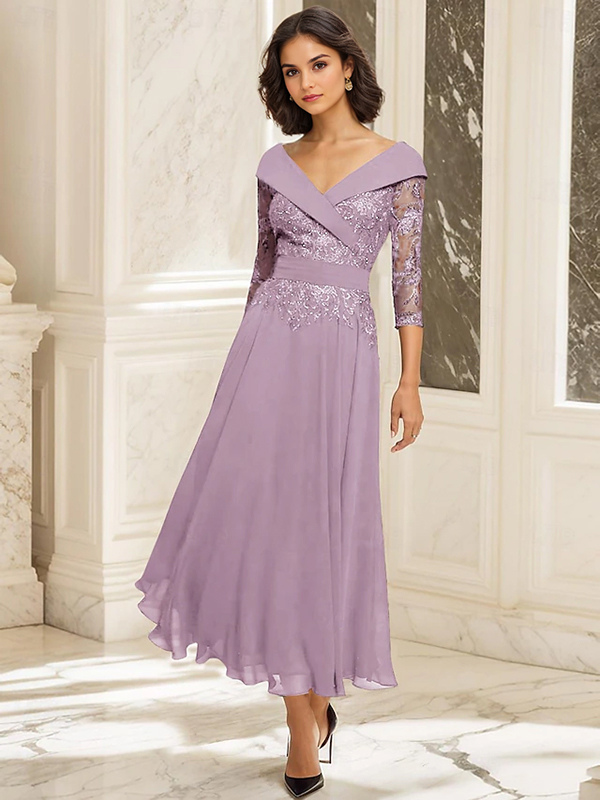 Party Dress For Mother Of The Bride V-Neck Length Sleeves Ball Gown Lace Tea-Length Guest Dresses For Wedding