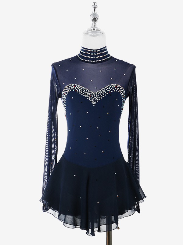 Womens Figure Ice Skating Dress High Elasticity Long Sleeve Mesh Diamond Hook Sleeves Competition Ice Dance Dress
