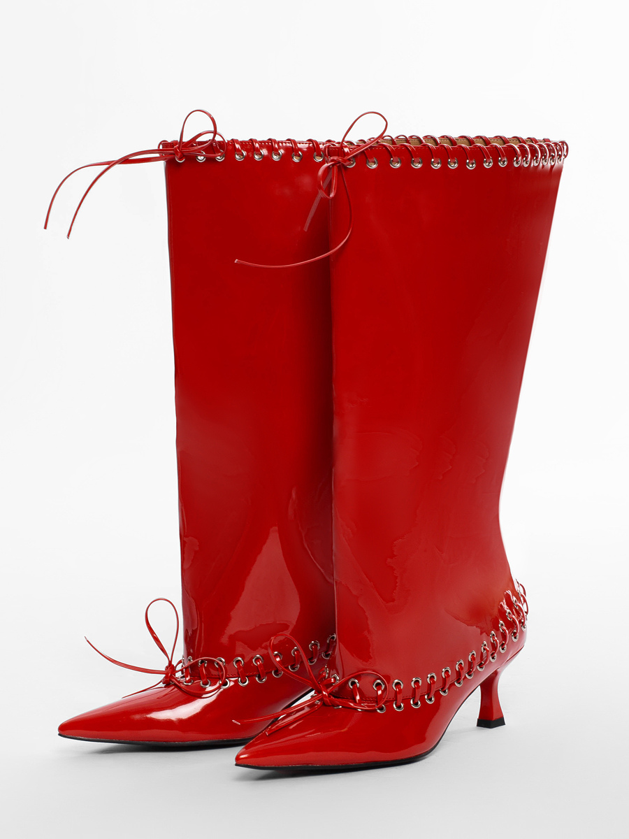 Red Wide Calf Boots Women's Pointed Toe Kitten Heel Knee High Boots
