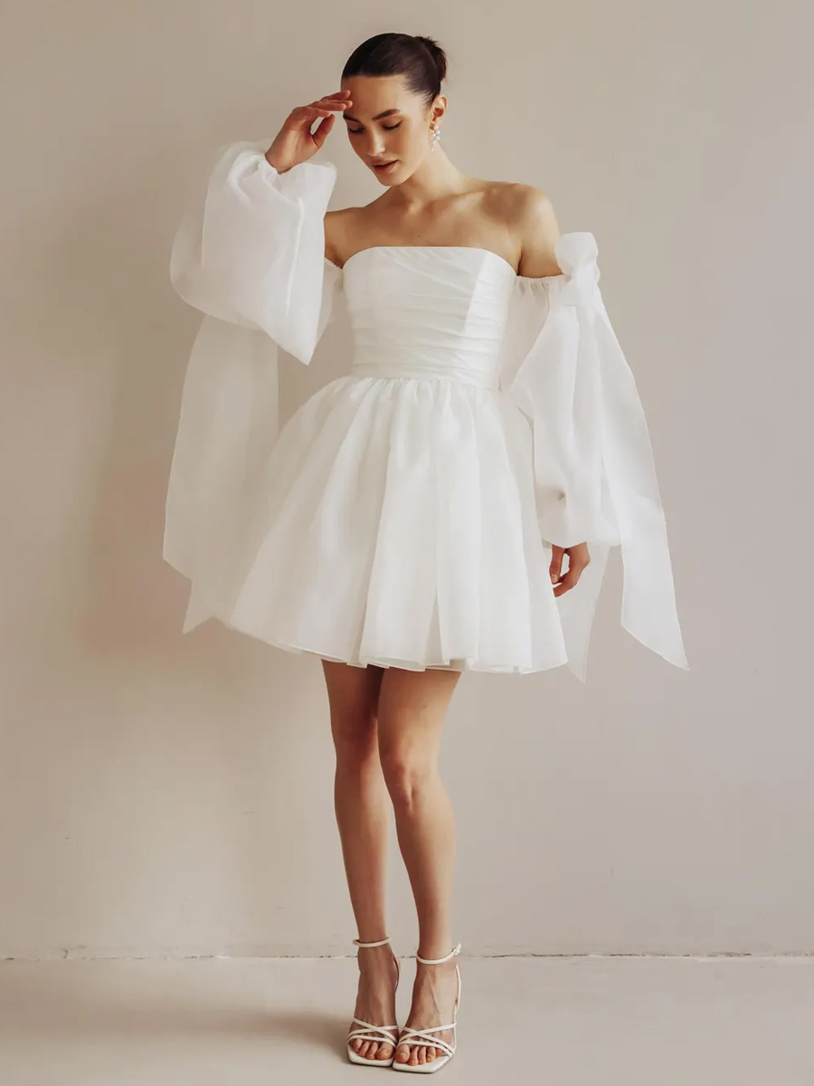 Short Wedding Dress Short Strapless Long Sleeves Princess Silhouette Natural Waist Organza Bridal Gowns
