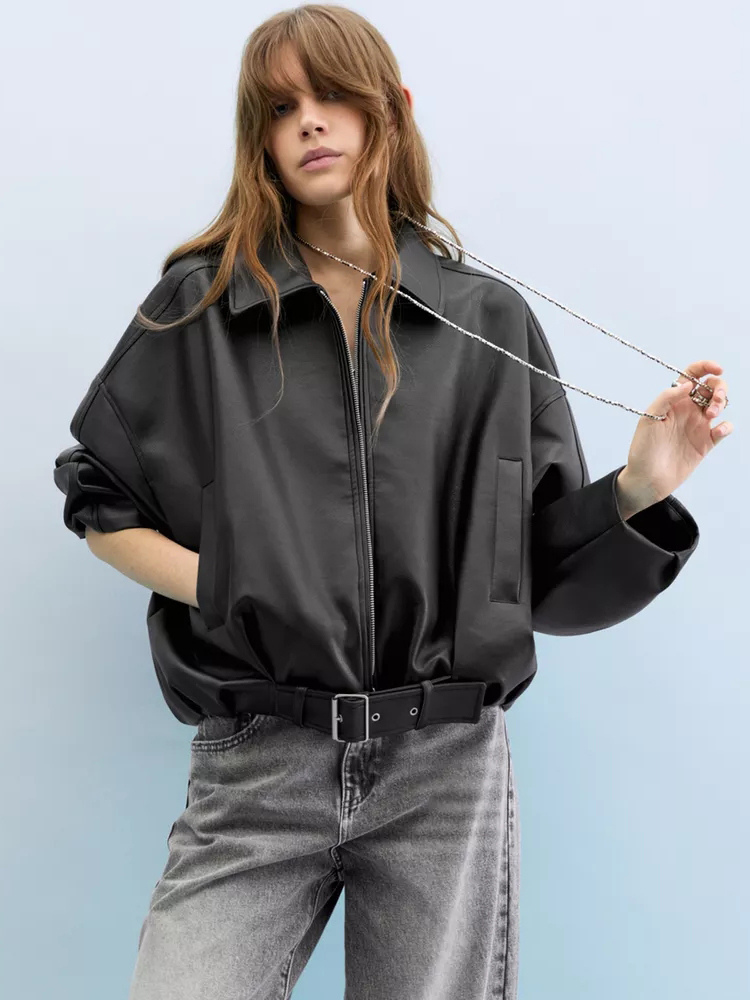 Oversized Faux Leather Bomber Jacket With Belt For Autumn
