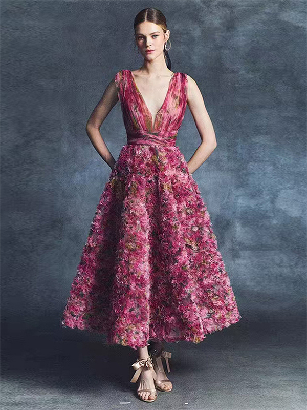 Vintage Cocktail Dress Glamour Ball Gown Tea-Length V