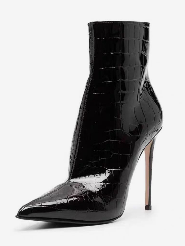 Black Ankle Boots Pointed Toe Stone Pattern High Heel Booties Dress Boots