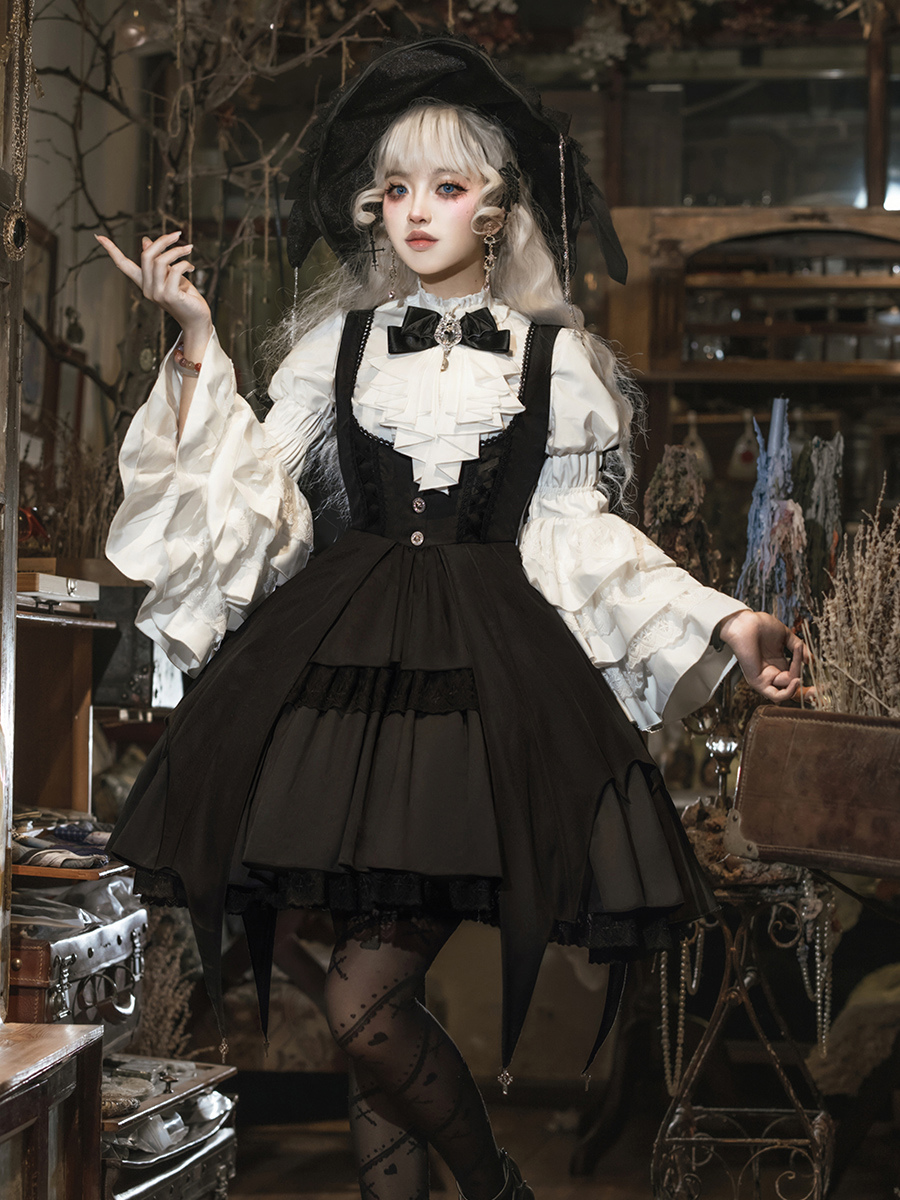 Gothic Lolita Set Black Dark Magical Girl Ruffles Witch Long Sleeves Shirt Jumper Skirt Dress Sets